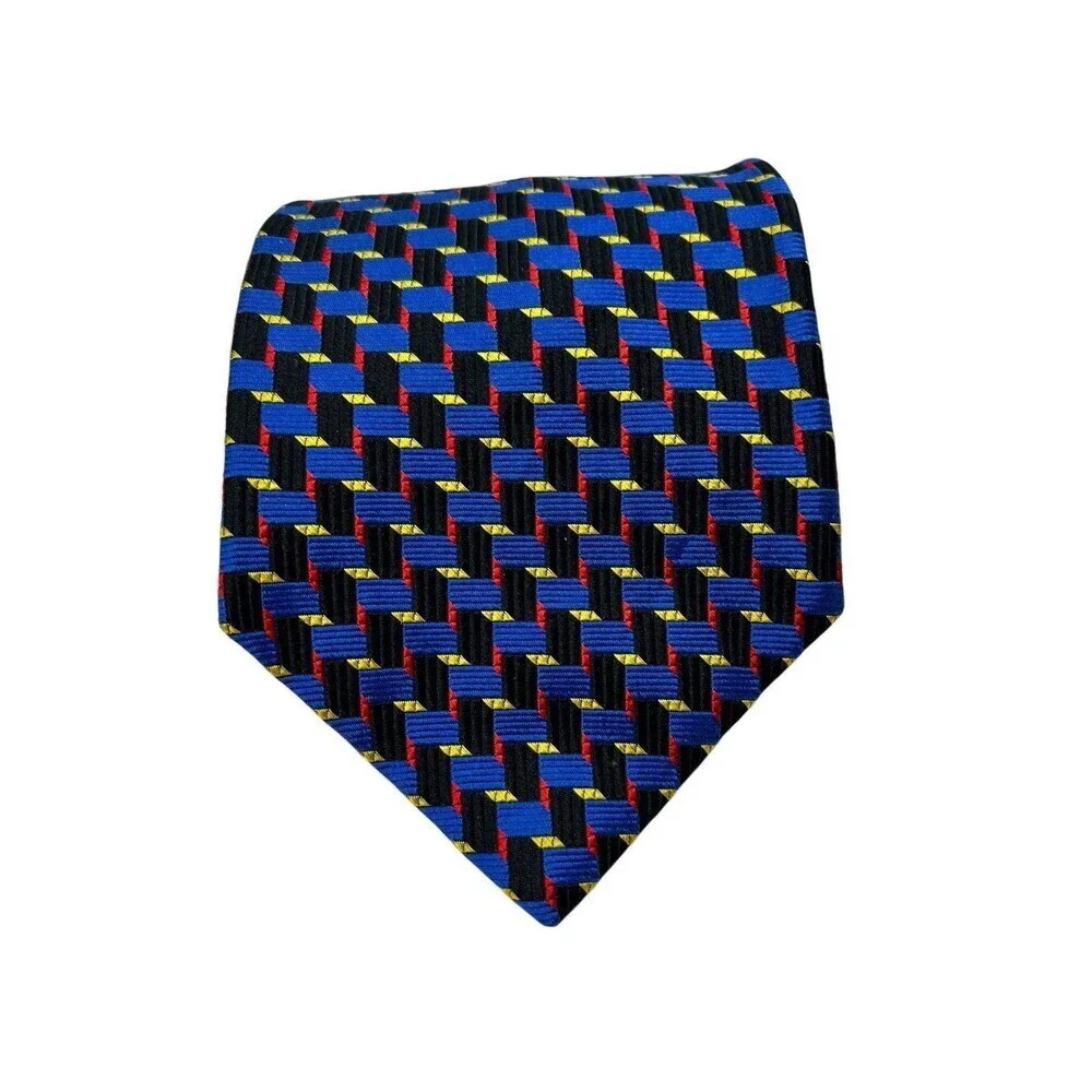 Bruno Piattelli 100% Silk Necktie Mens Geometric Blue Red Yellow Black